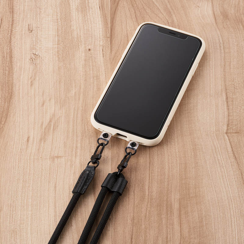 【お取り寄せ商品】スマホショルダーストラップ ストラップホールシート付属 (1口タイプ×1枚|2口タイプ×1枚) 丸紐タイプ 6mm ブラック