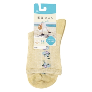 レディース 素足ごこち クルー丈ソックス サイド花柄メッシュ イエロー 23-25cm