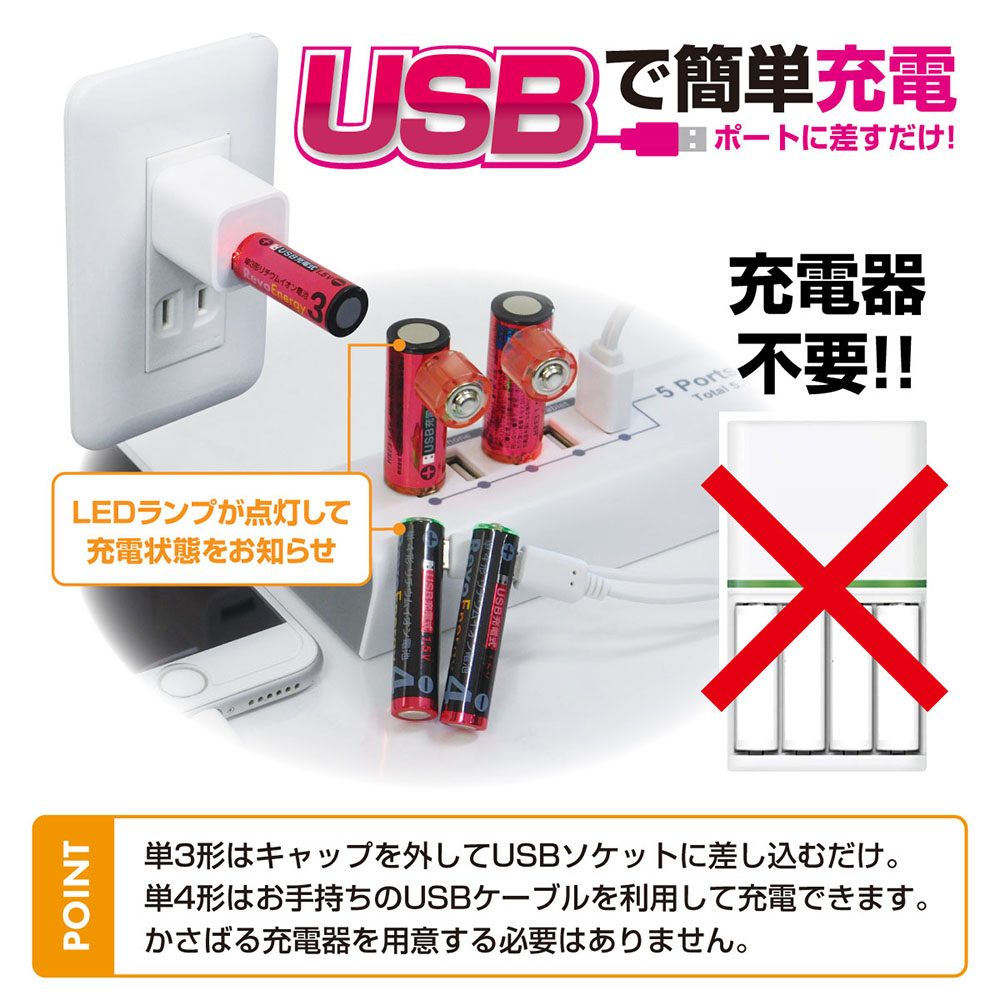 USB充電式 単4形リチウムイオン電池 HRE4-2