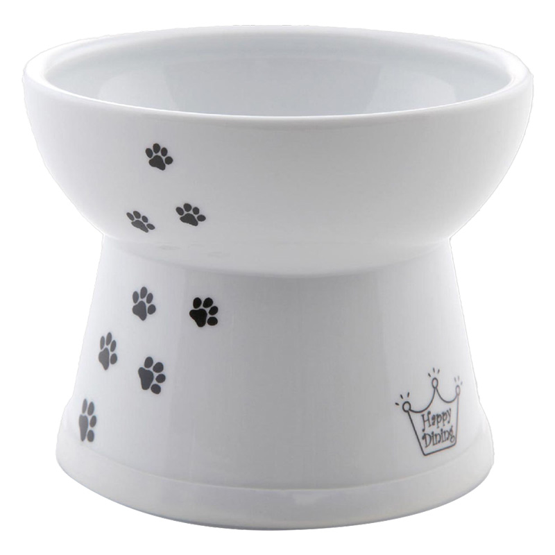ペット用お皿 猫用 脚付フードボウル L(ラージ)猫柄 ホワイト