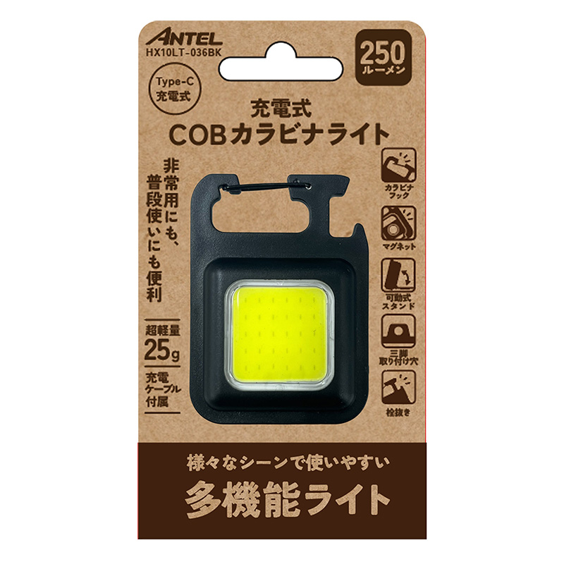 COBカラビナライト 250lm 充電式 HX10LT-036BK ブラック