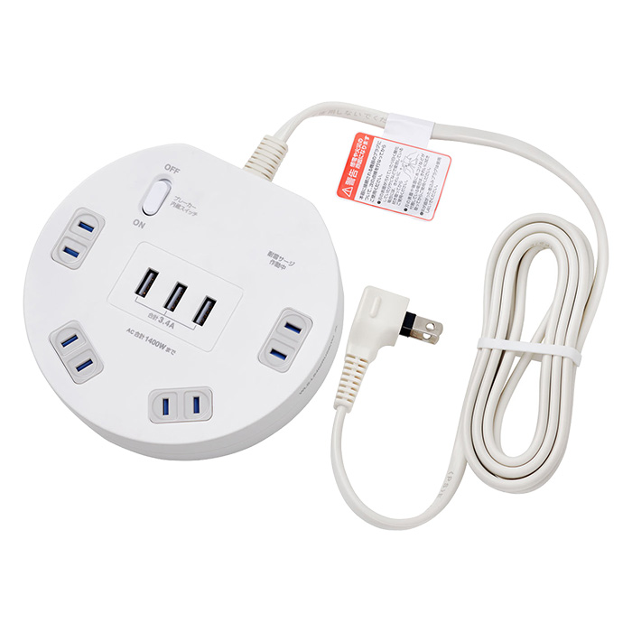耐雷丸型電源タップ 4個口 3USBポート付 2m 　WLS-LS402RUSB