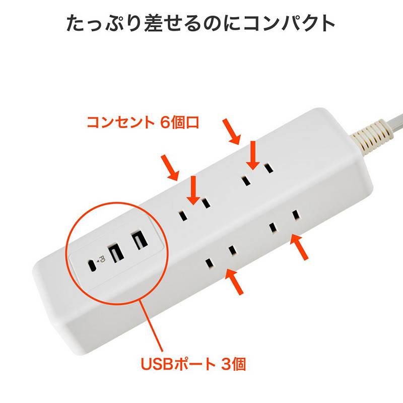 電源タップ 雷ガード付き AC 6個口 USB3ポート コード長2m ホワイト