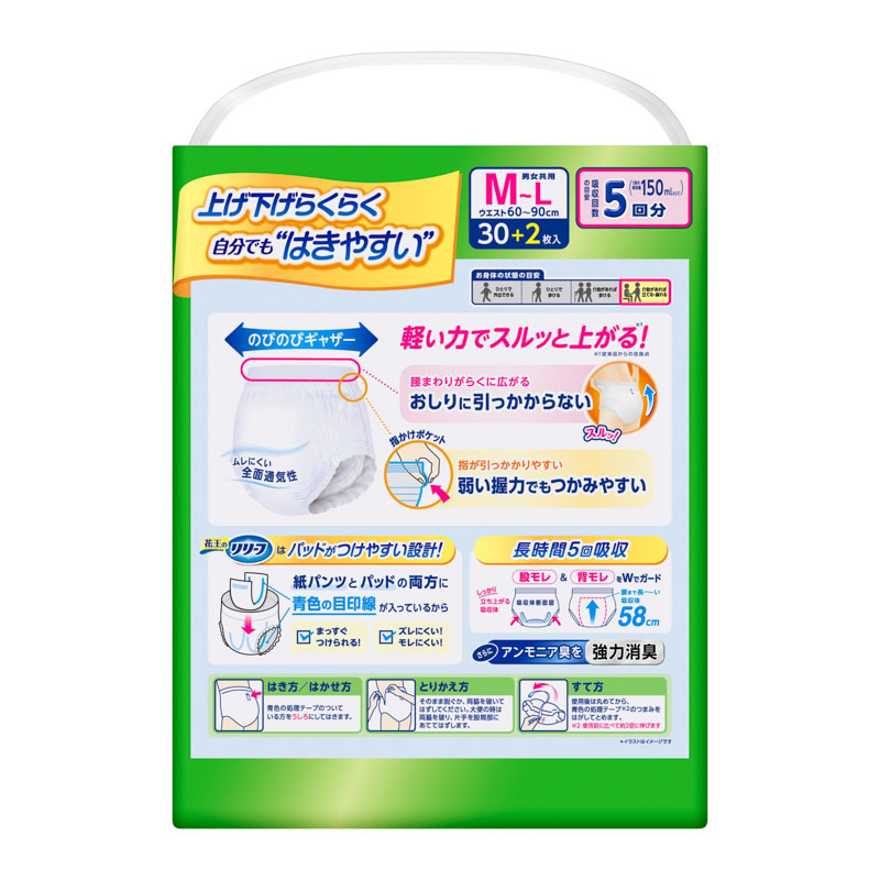 【お取り寄せ商品】リリーフ パンツタイプ 上げ下げらくらく長時間パンツ 5回分 M-L30枚