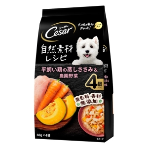 シーザー パウチ 自然素材レシピ 平飼い鶏の蒸しささみ&農園野菜 60g×4袋