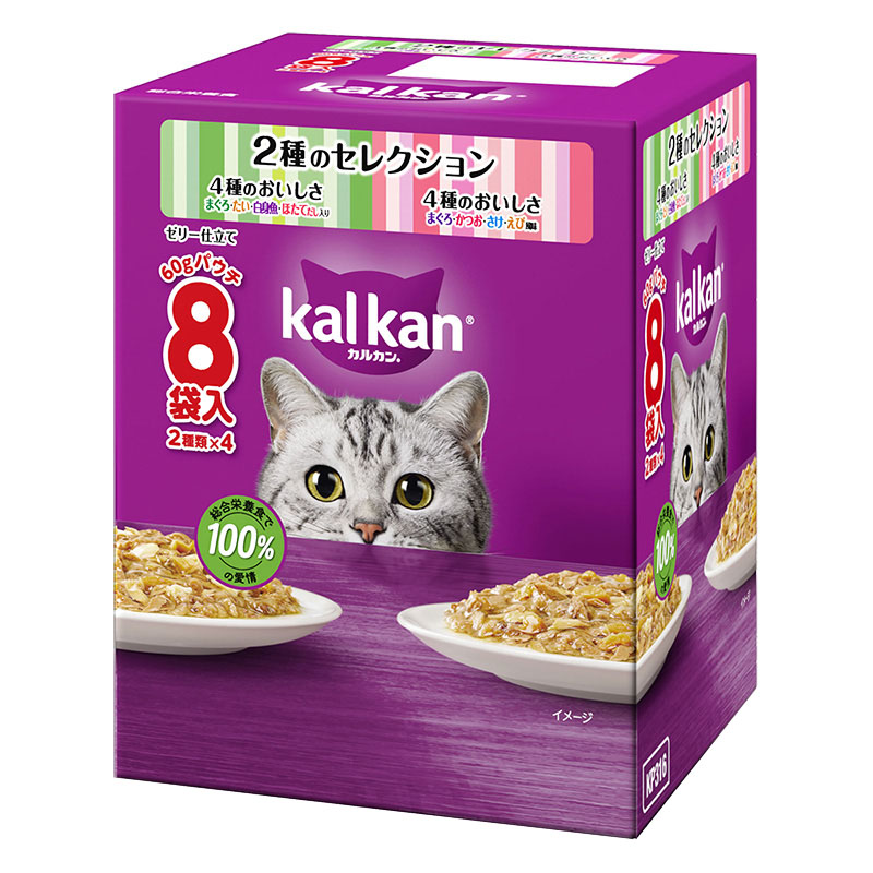 カルカン パウチ 2種のセレクション 4種のおいしさ まぐろ・たい・白身魚・ほたてだし入り まぐろ・かつお・さけ・えび風味 60g ８袋パック