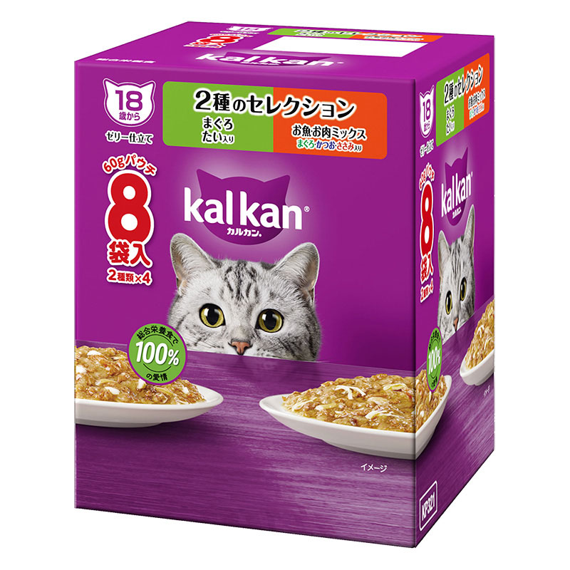 カルカン パウチ 18歳から 2種のセレクション まぐろ たい入り お魚・お肉ミックス まぐろ・かつお・ささみ入り 60g ８袋パック