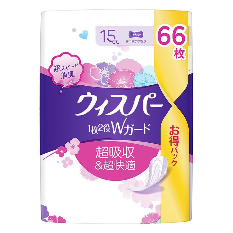 ウィスパー 1枚2役Wガード おりもの&水分ケア 18cm 15cc 66枚