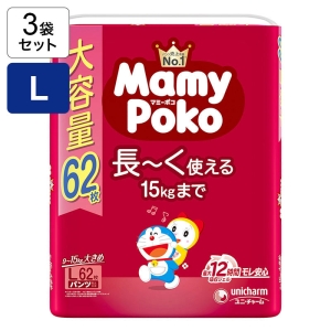 【3袋セット】マミーポコ パンツ ドラえもん オムツ Lサイズ(9~15kg)62枚 4903111130573×3