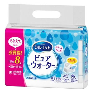 シルコット ピュアウォーター ウェットティッシュ 純水99％ ノンアルコールタイプ 詰替（58枚×8個）