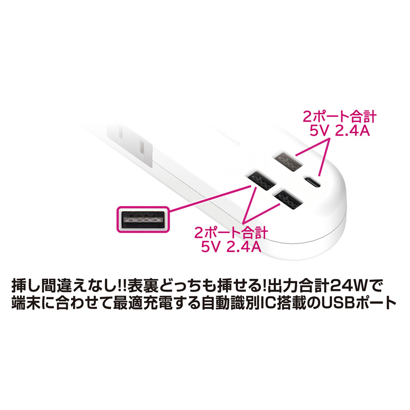 AC4口+USB 4ポート電源タップ 1.2m ホワイト