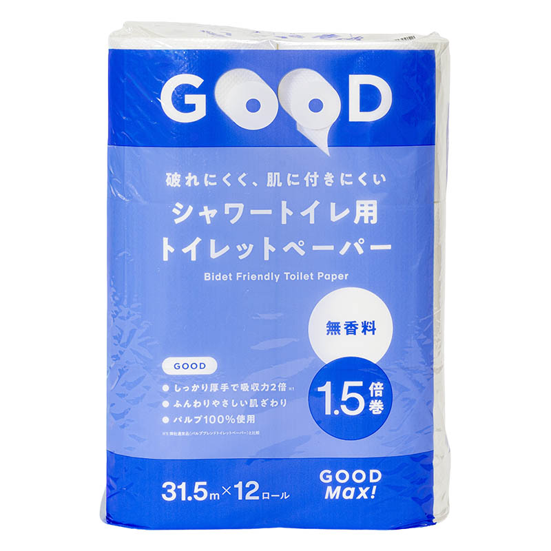 破れにくく、肌に付きにくいシャワートイレ用 トイレットペーパー 無香料 1.5倍巻 ダブル 31.5m×12ロール