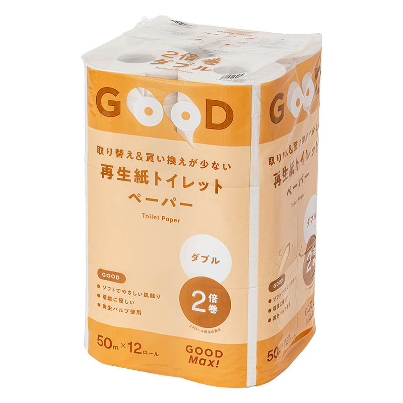 取り替え＆買い換えが少ない 再生紙トイレットペーパー 2倍巻 ダブル 50m×12ロール