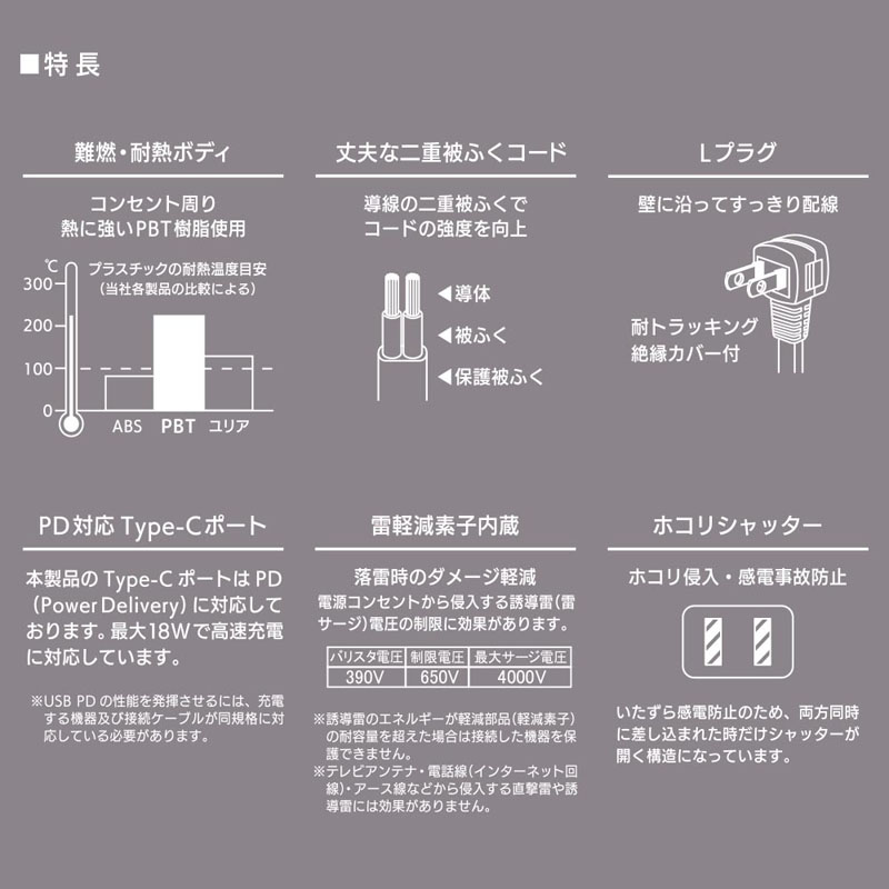 3個口 タップ 雷ガード PD対応Type-C｜Type-Aポート付き 1m ホワイト