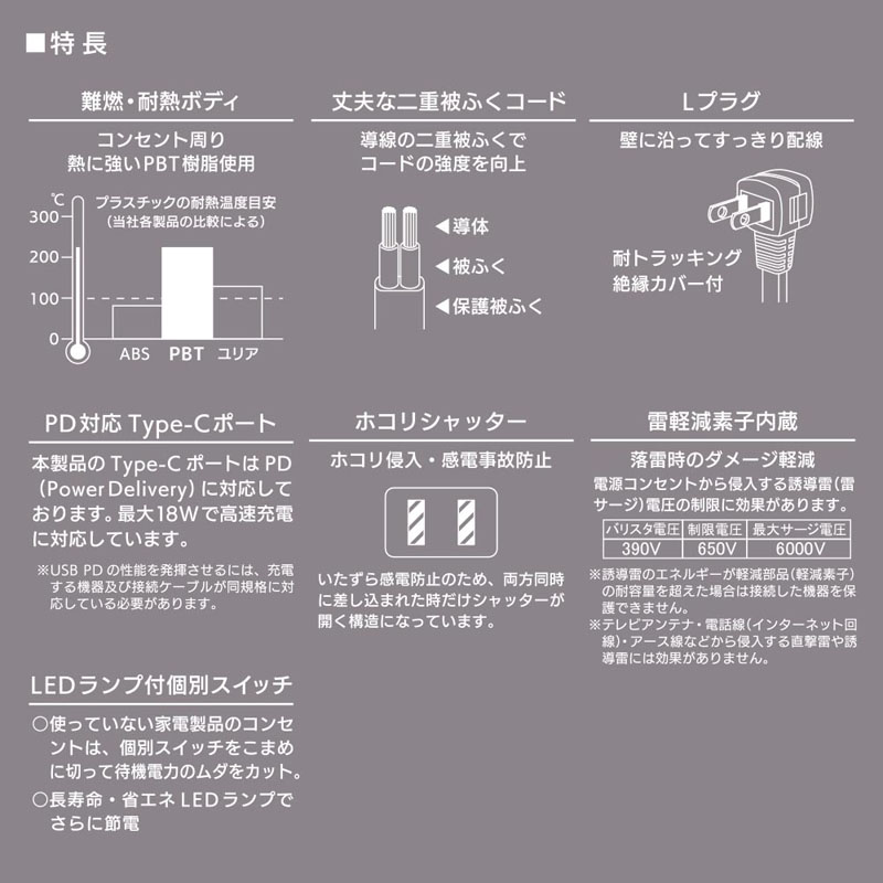 4個口 節電タップ 雷ガード PD対応Type-C｜Type-Aポート付き 1m ホワイト