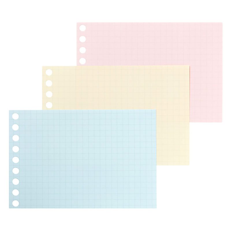 書きやすいルーズリーフミニ 方眼罫 86×128mm(A4・B5・A5の全サイズに対応)カラーアソート 90枚入(3色×30枚)